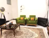 مبلمان مشکی و سبز رنگ و بخاری سالن نشیمن واحد آپارتمان در عفیف آباد