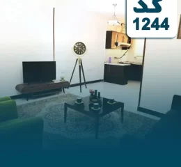 مبلمان مشکی و سبز رنگ و تلویزیون سالن نشیمن واحد آپارتمان در عفیف آباد