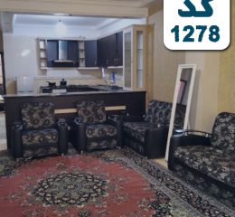 اتاق پذیرایی فرش شده به همراه مبلمان تیره و آشپزخانه آپارتمان در عفیف آباد 4564634