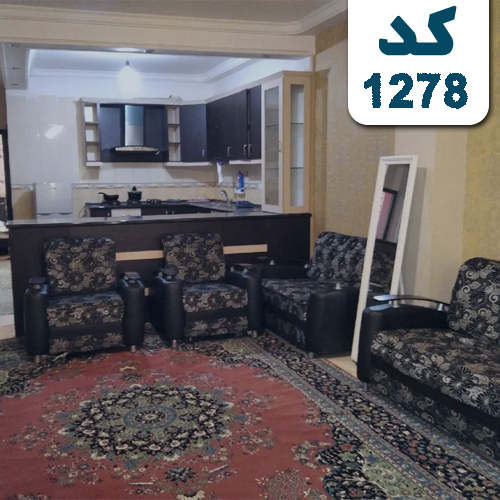 اتاق پذیرایی فرش شده به همراه مبلمان تیره و آشپزخانه آپارتمان در عفیف آباد 4564634