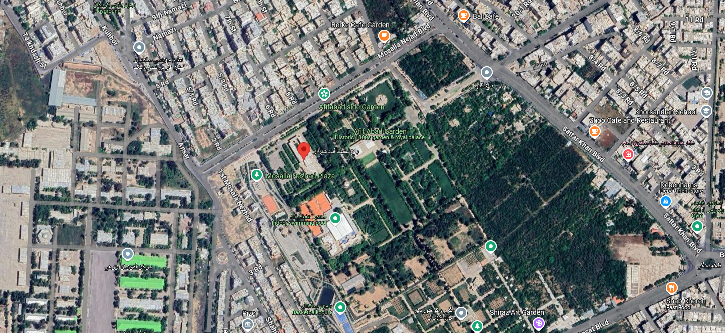 نقشه گوگل مپ باغ عفیف آباد در شهر شیراز 44584836385