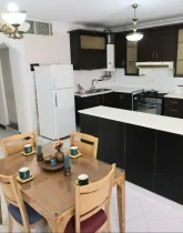 آشپزخانه با یخچال، کابینتهای مشکی و میز ناهار خوری آپارتمان در شیراز 215486